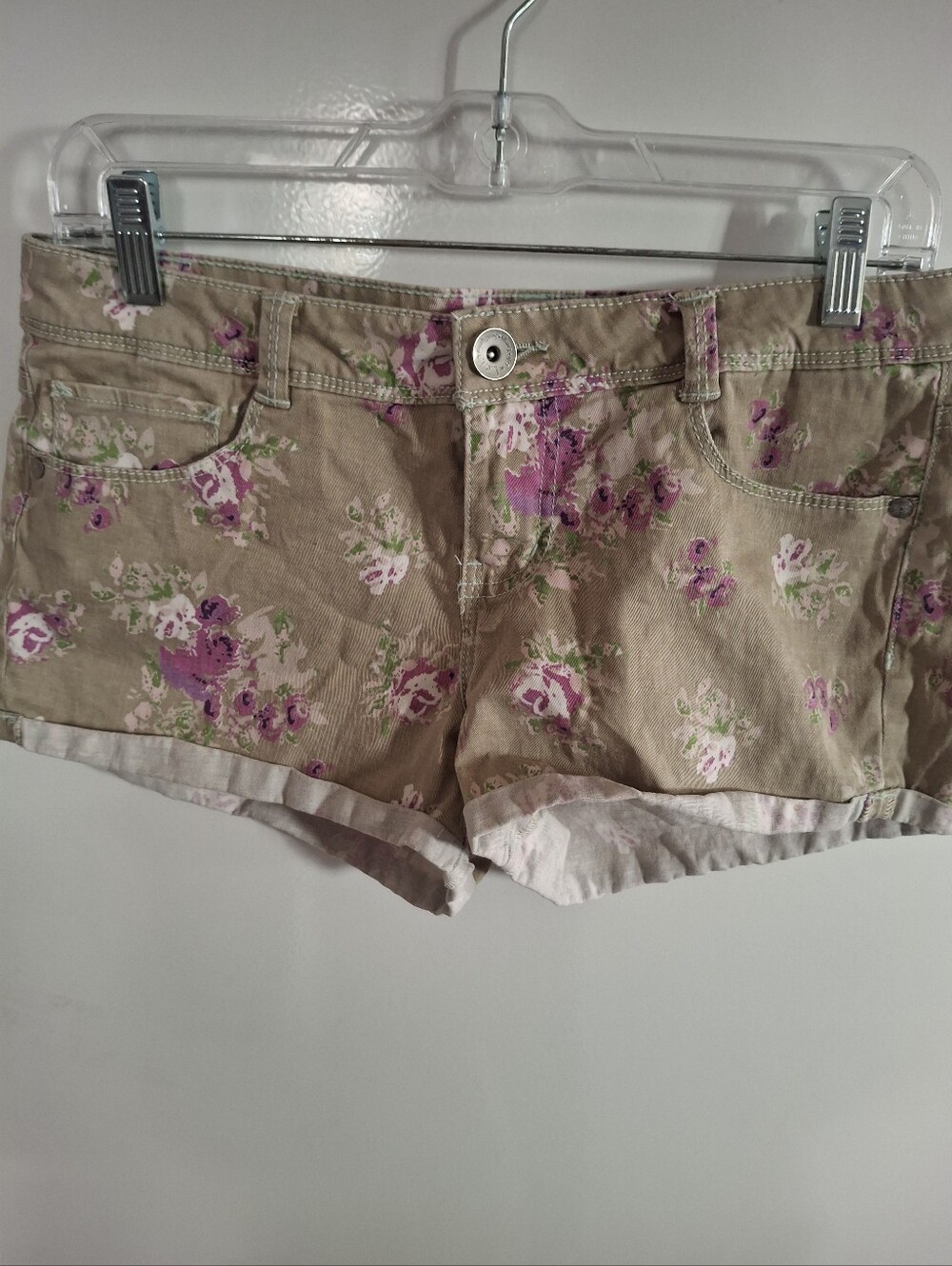 Floral Print Women's Cotton Shorts - Pink Floral on Tan Juniors Size 11